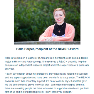 Halle Harper on completing research project supported by REACH funding.